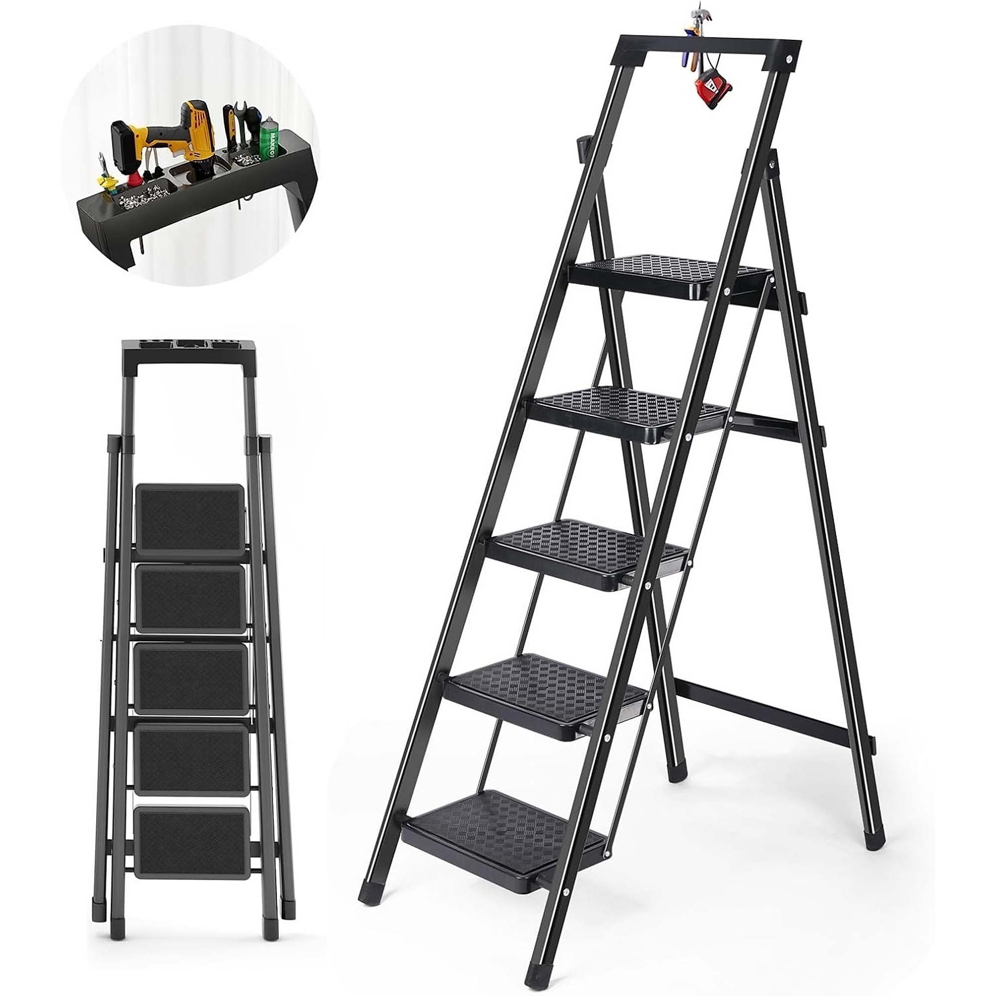 5 Step Folding Ladder in Black with Triangular Stability and Hard Metal